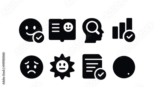 Solid style icons of daily mental check-ins: check-in emoji, mood journal, mind scan icon, wellness bar, anxiety tracker, daily feeling badge, mental note pad, reflection dot.