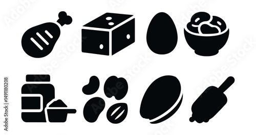 Solid style icons of proteins and legumes: grilled chicken icon, tofu block, egg, beans bowl, protein powder, nuts icon, fish filet, lentils scoop.