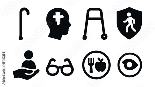 Solid style icons of senior health: cane icon, memory support, mobility aid, regular check icon, fall prevention badge, caregiver hand, vision care, senior nutrition plate.