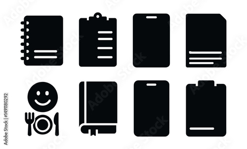 Solid style icons of food journaling: meal log, daily intake record, food tracker, calorie chart, mood and food link, journal icon, app entry, eating timeline.