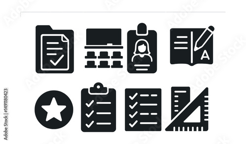 Solid style icons of teacher resources: lesson plan folder, classroom layout, teacher badge, grading notebook, reward sticker, clipboard icon, attendance sheet, teaching tools.
