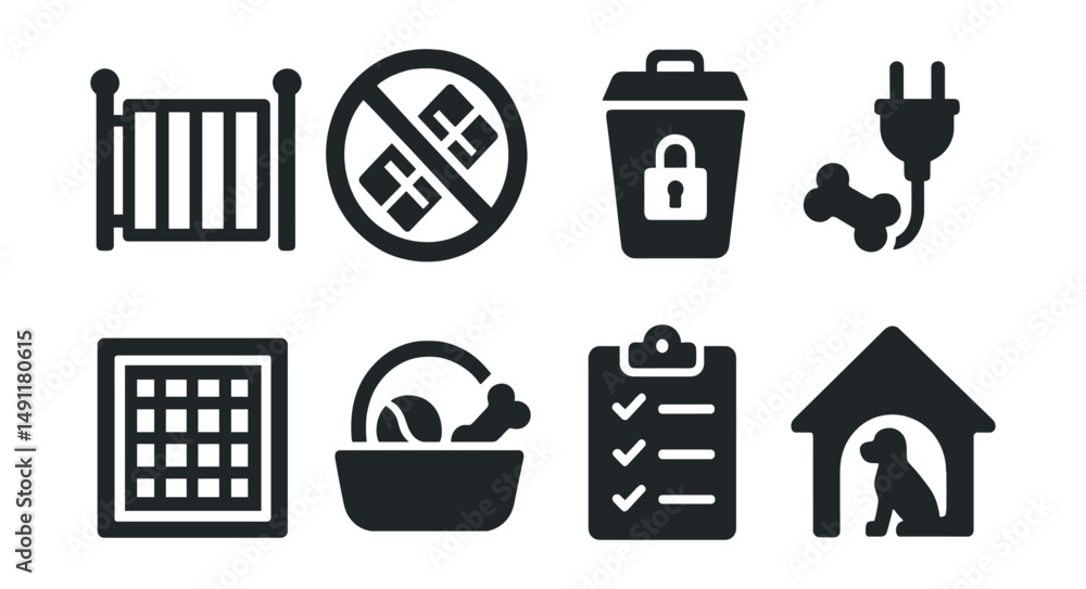 Solid style icons of pet-friendly home: gate icon, no chocolate icon, secure trash bin, chew-proof cord, window screen icon, toy basket, safety checklist, home zone for pets. Solid style icons of pet-friendly home: gate icon, no chocolate icon, secure trash bin, chew-proof cord, window screen icon, toy basket, safety checklist, home zone for pets.