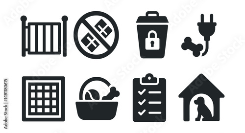 Solid style icons of pet-friendly home: gate icon, no chocolate icon, secure trash bin, chew-proof cord, window screen icon, toy basket, safety checklist, home zone for pets.