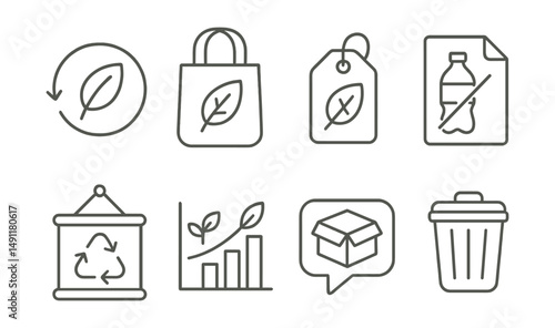 Line style icons of waste reduction: zero waste icon, sustainable shopping badge, waste-free tag, plastic reduction file, product reuse board, packaging-free chart, eco packaging bubble, waste