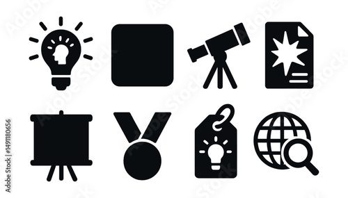 Solid style icons of scientific discovery: eureka lightbulb, new element badge, telescope find, breakthrough report, research presentation, scientific award, innovation tag, global discovery.