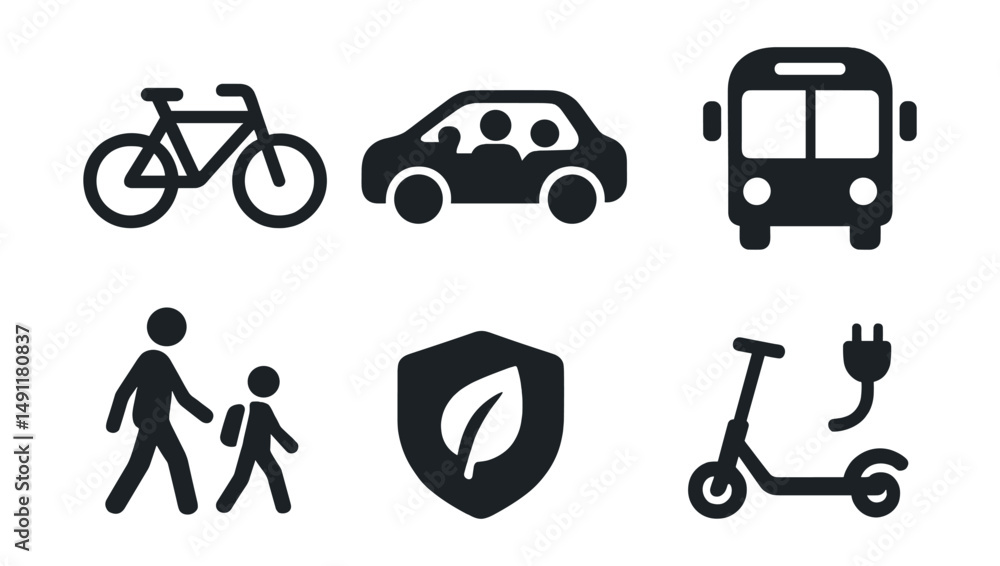 custom made wallpaper toronto digitalSolid style icons of sustainable transport: bike icon, electric car, car sharing symbol, public transit icon, walk to school, scooter path, green vehicle badge, ride electric.