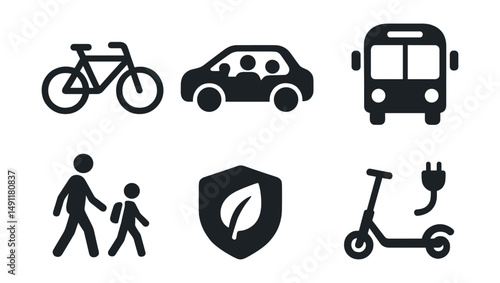 Solid style icons of sustainable transport: bike icon, electric car, car sharing symbol, public transit icon, walk to school, scooter path, green vehicle badge, ride electric.