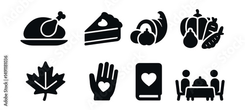 Solid style icons of Thanksgiving: roast turkey, pie slice, cornucopia icon, harvest vegetables, fall leaf, gratitude hand, thankful card, family meal.