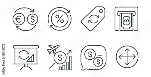 Line style icons of currency exchange: currency icon, exchange rate badge, money transfer tag, ATM withdrawal file, exchange counter board, travel budget chart, cash exchange bubble, financial symbol