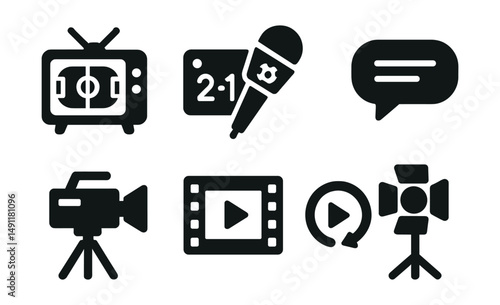 Solid style icons of sports broadcasting: TV with match icon, live scoreboard, sports mic, commentary bubble, camera on tripod, highlight reel, match replay, studio lights.