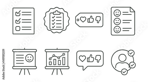 Line style icons of social media engagement tools: poll icon, survey badge, reaction buttons tag, emoji responses file, feedback form board, audience survey chart, interactive post bubble, viewer