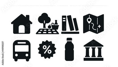 Solid style icons of budget-friendly vacation: staycation house, picnic in yard, library visit, local map, public transport icon, discount badge, reusable bottle, local museum.