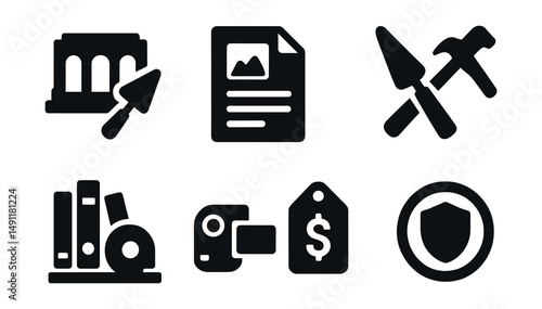 Solid style icons of cultural preservation: restored site icon, documentation file, conservation badge, restoration tools, cultural archive, memory recording, cultural grant tag, protected status.