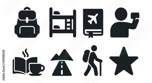 Solid style icons of solo travel: single backpack, hostel bed, travel journal, self-photo, book and coffee, open road icon, peaceful hike, independence star.