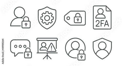 Line style icons of social media security: locked account icon, privacy settings badge, secure login tag, 2FA file, encrypted message board, privacy alert chart, secure account bubble, protected