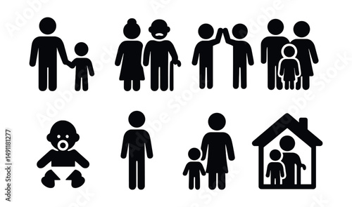 Solid style icons of family members: parent icon, child holding hands, grandparents, siblings high five, family group, baby with pacifier, teen icon, multigenerational home.