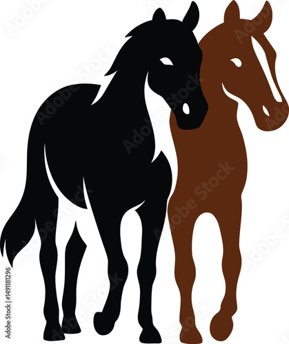 Horses Pair Silhouette Art, Two Horses Facing Forward