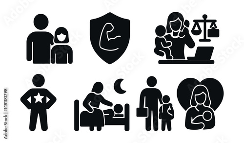 Solid style icons of single-parent families: one parent with child, strength badge, parent multitasking, work–life balance, proud parent icon, bedtime solo, school support, caregiving heart.