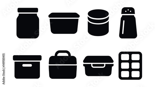 Solid style icons of storage containers: glass jar, plastic container, metal tin, spice jar, storage box, lunchbox, airtight container, freezer tray.
