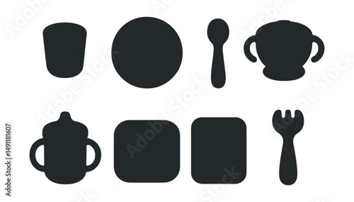 Solid style icons of kids’ dishware: small cup, divided plate, baby spoon, training bowl, sippy cup, colorful tray, silicone mat, fun-shaped fork.