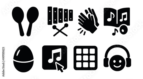 Solid style icons of music-based play: maracas icon, xylophone, clap rhythm, sing-along book, shaker egg, music game, drum pad, headphone smile.