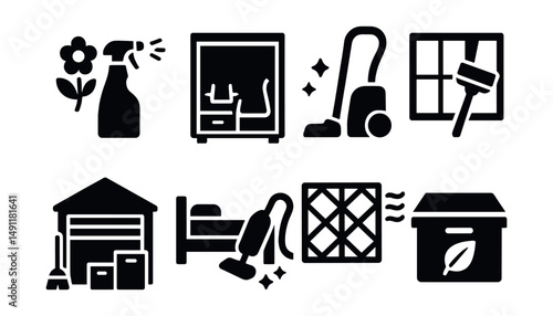 Solid style icons of seasonal deep cleaning: spring cleaning icon, closet refresh, carpet deep clean, window wash, garage tidy-up, under bed clean, vent filter icon, seasonal box.