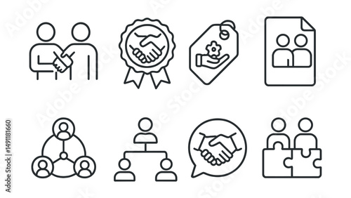 Line style icons of business partnerships: joint venture icon, partnership agreement badge, shared resources tag, collaboration file, partner network board, alliance chart, mutual benefit bubble,