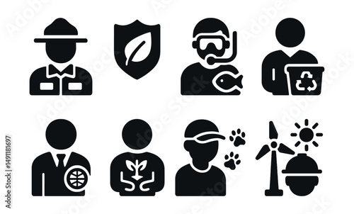 Solid style icons of environmental careers: park ranger, ecologist badge, marine biologist, recycling coordinator, sustainability officer, conservationist, wildlife tracker, clean energy planner.