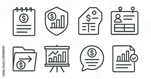 Line style icons of financial tracking: spending log icon, financial report badge, balance sheet tag, transaction tracker file, account overview board, monthly budget chart, expense tracking bubble,