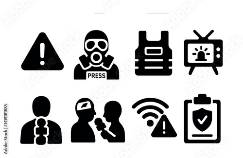 Solid style icons of crisis reporting: danger zone icon, gas mask reporter, protective vest, emergency broadcast, live from scene, trauma interview icon, unstable signal, safety protocol.