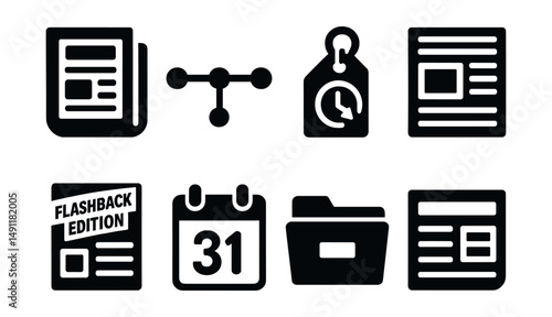 Solid style icons of news archive and history: old newspaper, timeline icon, past event tag, historic headline, flashback edition, year-in-review, archive folder, classic report icon.