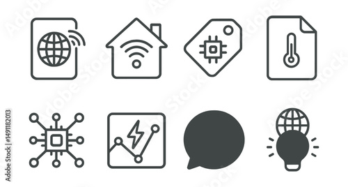 Line style icons of IoT (Internet of Things): IoT device icon, smart home badge, connected gadget tag, sensor file, device network board, smart grid chart, wireless communication bubble, IoT