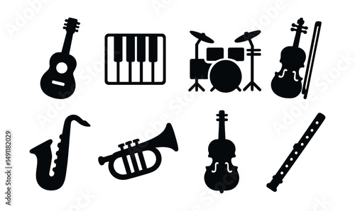 Solid style icons of musical instruments: acoustic guitar, piano keys, drum set, violin, saxophone, trumpet, cello, flute.