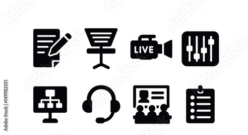 Solid style icons of newsroom and production: script editor icon, teleprompter, live feed camera, soundboard icon, story assignment chart, production headset, editorial room, schedule screen.