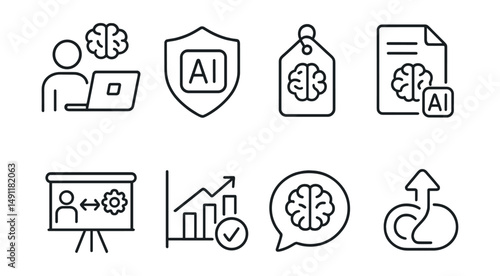 Line style icons of augmented intelligence: human-computer collaboration icon, AI assistance badge, cognitive computing tag, smart assistant file, collaborative process board, decision support chart,