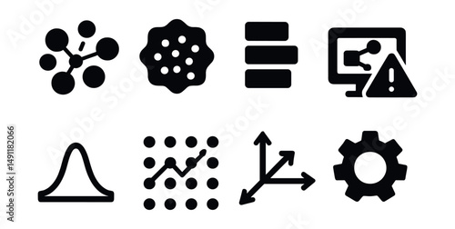 Solid style icons of unsupervised ML models: k-means cluster, DBSCAN badge, PCA layers, anomaly detector icon, density estimation, pattern finder, dimensionality icon, unsupervised label.