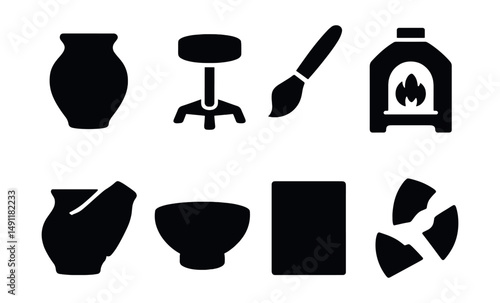 Solid style icons of ceramics and pottery: clay pot, spinning wheel icon, glaze brush, kiln icon, molding hand, ceramic bowl, crackle finish, pottery shards.