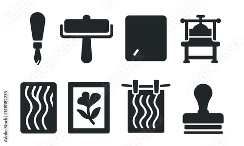 Solid style icons of printmaking: linocut tool, ink roller, carving block, print press, monoprint plate, print frame, drying line, signature stamp.