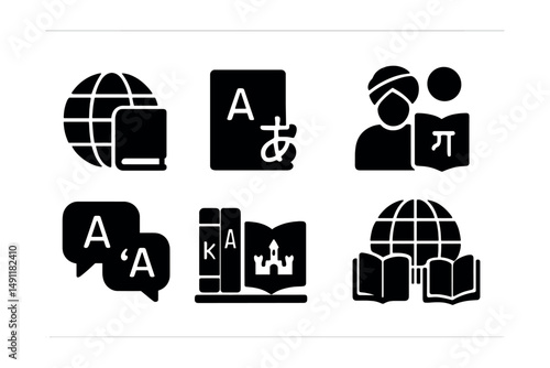 Solid style icons of world literature: globe with book, translated edition icon, foreign script page, cultural story, translated quote, multilingual shelf, heritage tales, literary world.
