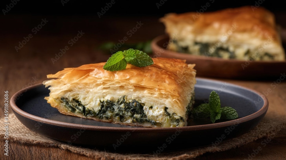 Slice of spinach and feta pie on a dark blue plate. the pie is golden brown and has a flaky crust on top. it is garnished with fresh mint leaves. Slice of spinach and feta pie on a dark blue plate. the pie is golden brown and has a flaky crust on top. it is garnished with fresh mint leaves.