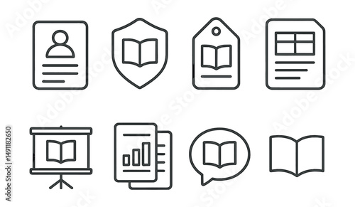 Line style icons of training materials: training document icon, learning guide badge, course outline tag, study workbook file, presentation slides board, handouts chart, training resource bubble,
