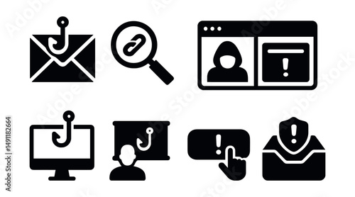Solid style icons of phishing protection: suspicious email icon, link scanner, spoofed site icon, warning banner, phishing simulation, user training icon, report button, inbox protection.