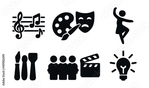 Solid style icons of arts in education: musical staff, paint palette, drama mask, dance move icon, sculpture tool, choir group, film clapper, creative spark.