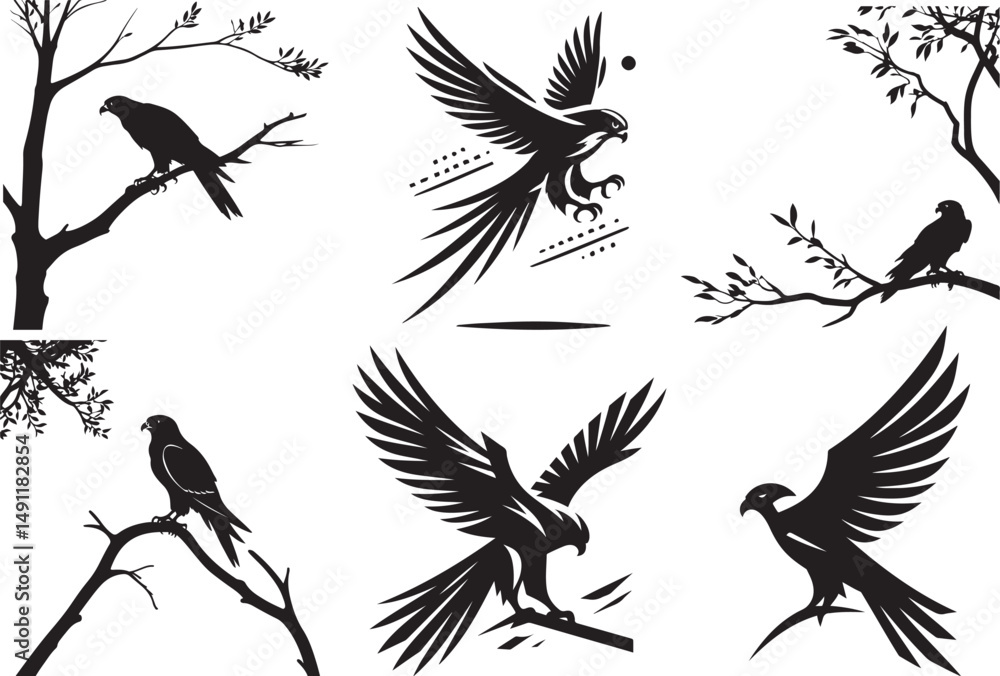 Obraz premium Three elegant black and white falcon silhouettes perched on branches