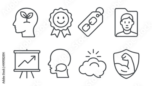 Line style icons of mindset coaching: growth mindset icon, positive affirmation badge, limiting beliefs tag, mental clarity file, self-confidence board, self-talk chart, breakthrough bubble, inner
