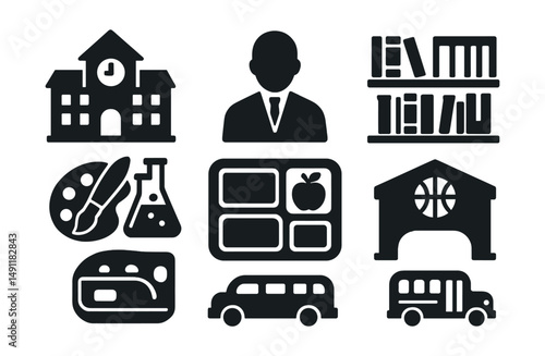 Solid style icons of school structure: school building, principal icon, library shelves, science lab, art room palette, cafeteria tray, sports gym, school bus.