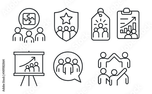 Line style icons of team coaching: group collaboration icon, team goal badge, collective success tag, team-building file, group development board, team performance chart, collaborative effort bubble,
