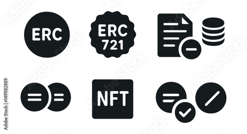 Solid style icons of token standards: ERC-20 icon, ERC-721 badge, token contract, token supply, fungible token, NFT token type, token approval, token symbol.
