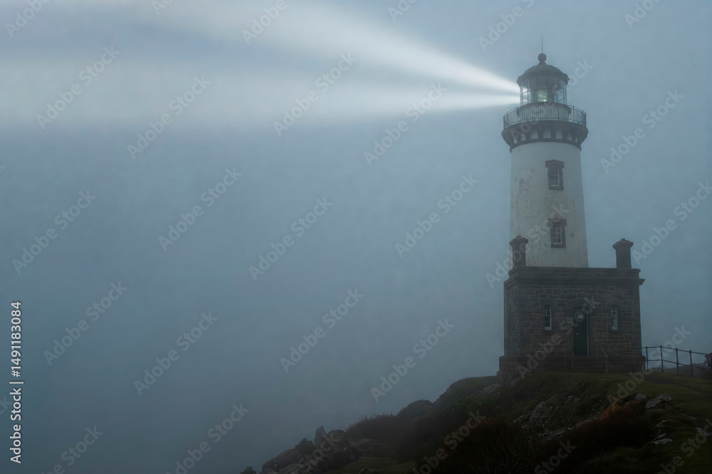 The lighthouse shines through the thick fog on the shore. Space for text. The lighthouse shines through the thick fog on the shore. Space for text.
