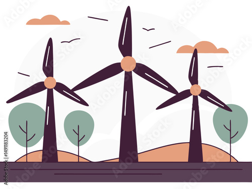 Renewable power generation. Stylized wind turbines in peaceful landscape, vector illustration